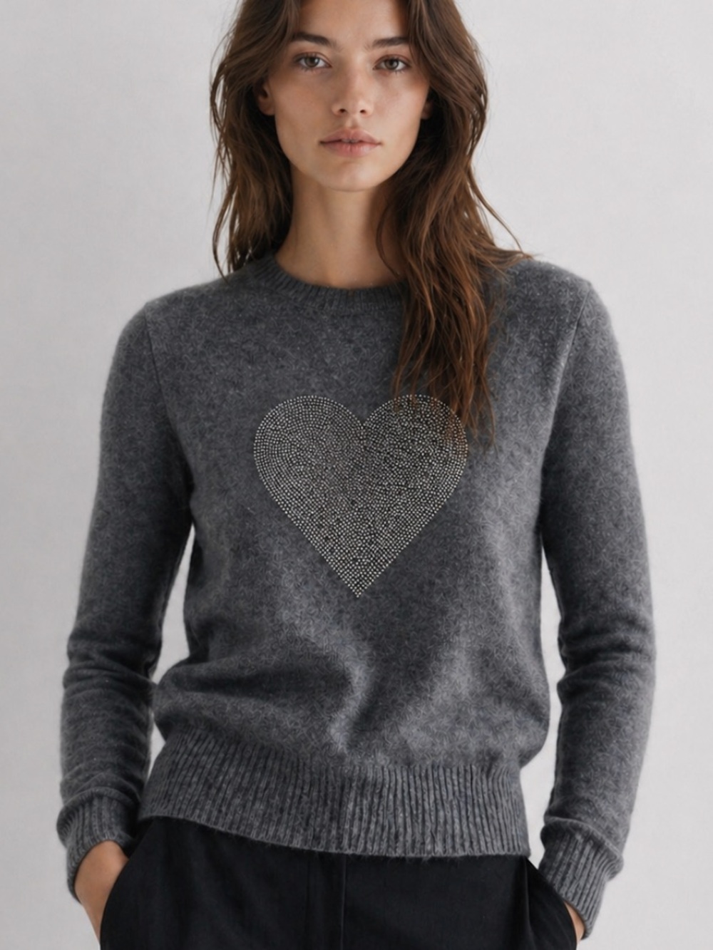 Aqua Bloomingdale’s Cashmere Studded Heart Sweater in Grey